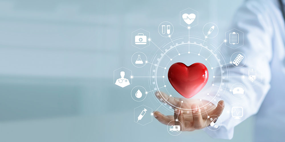 FAQ - cholesterol Lekarz ubrany na biało, czerwone serce, ikony symbolizujące służbę zdrowia | Lipiforma